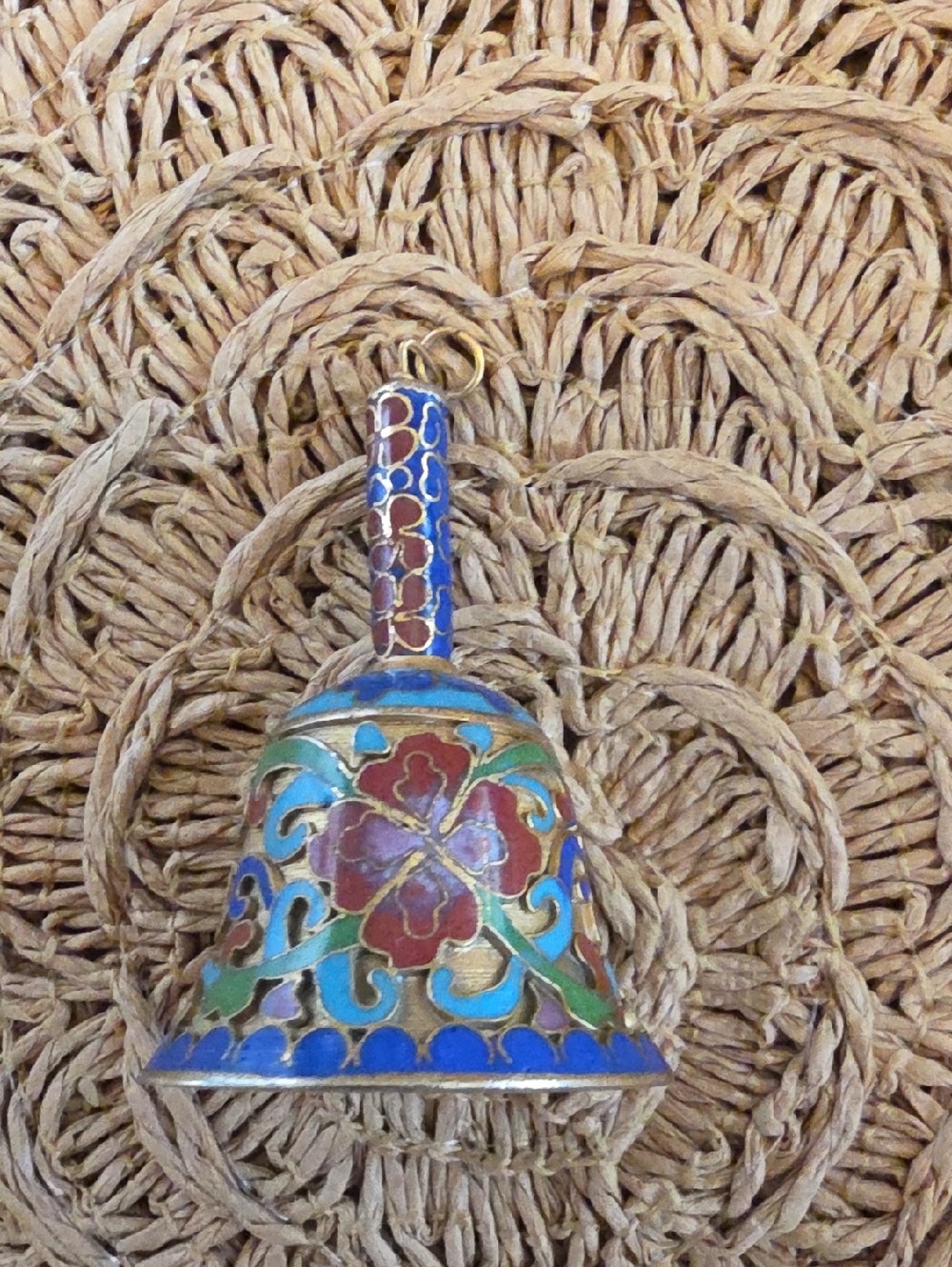Vintage Chinese Cloisonne Floral Brass Enamel Hand Bell Pendant